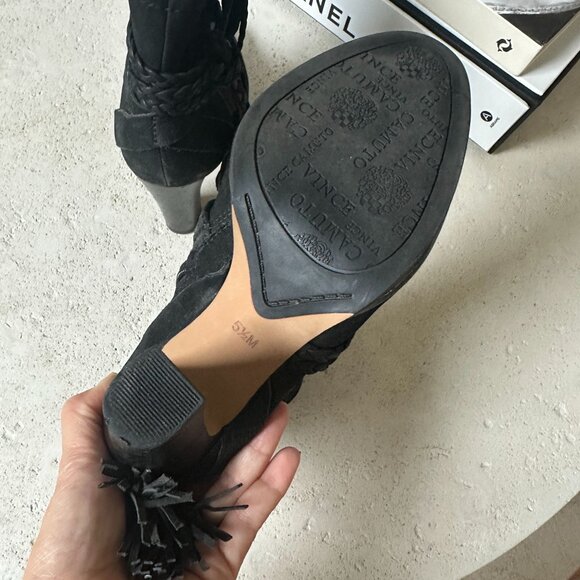 Vince Camuto Cyndia Leather Criss Cross Braided & Fringe Strap Ankle Heel Boot S - Picture 5 of 7